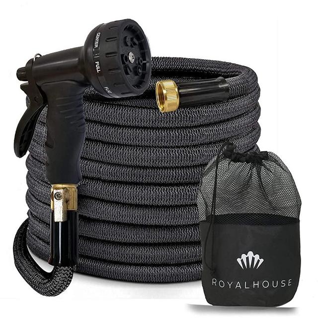 ROYALHOUSE (100FT) Black Expandable Garden Hose Water Hose with 9-Function High-Pressure Spray Nozzle, Heavy Duty Flexible Hose - 3/4" Solid Brass Fittings Leak Proof Design