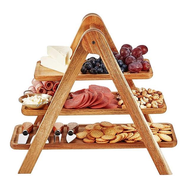 Cheese Plate Charcuterie Boards Tiered Wood Serving Platters Rectangle Vintage Wooden Party Trays Fruit Tray A Good Housewarming Gift for Her (3 Tiered Cheese Plates)