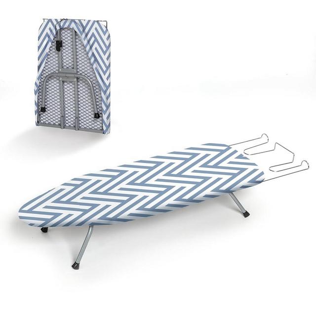 Small Tabletop Ironing Board Foldable, RAINHOL Steel Mesh Portable Iron Board for Dorm and Apartment, with Iron Rest and Heat-Resistant Cotton Cover, 31" x 12", Blue and White Stripes