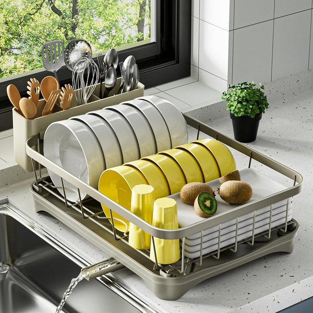 arshray Dish Drying Rack - Space-Saving Dish Rack, Dish Racks for Kitchen Counter Dish Drainer with Utensil Holder & Adjustable Spout 16.5" x 11.8" x 5.3" Grey
