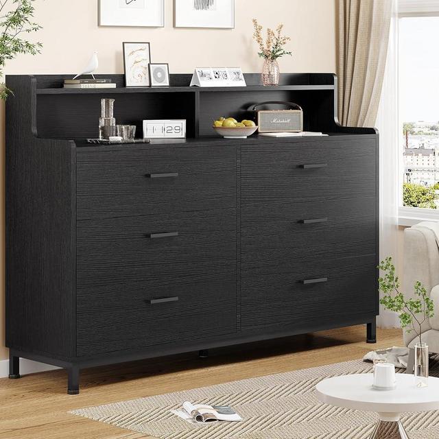 DICTAC Dresser with Shelves, Black 6 Drawer Double Dresser, Wood Chest of Drawers for Bedroom, 6 Drawer Dresser Storage Organizer for Living Room, Hallway