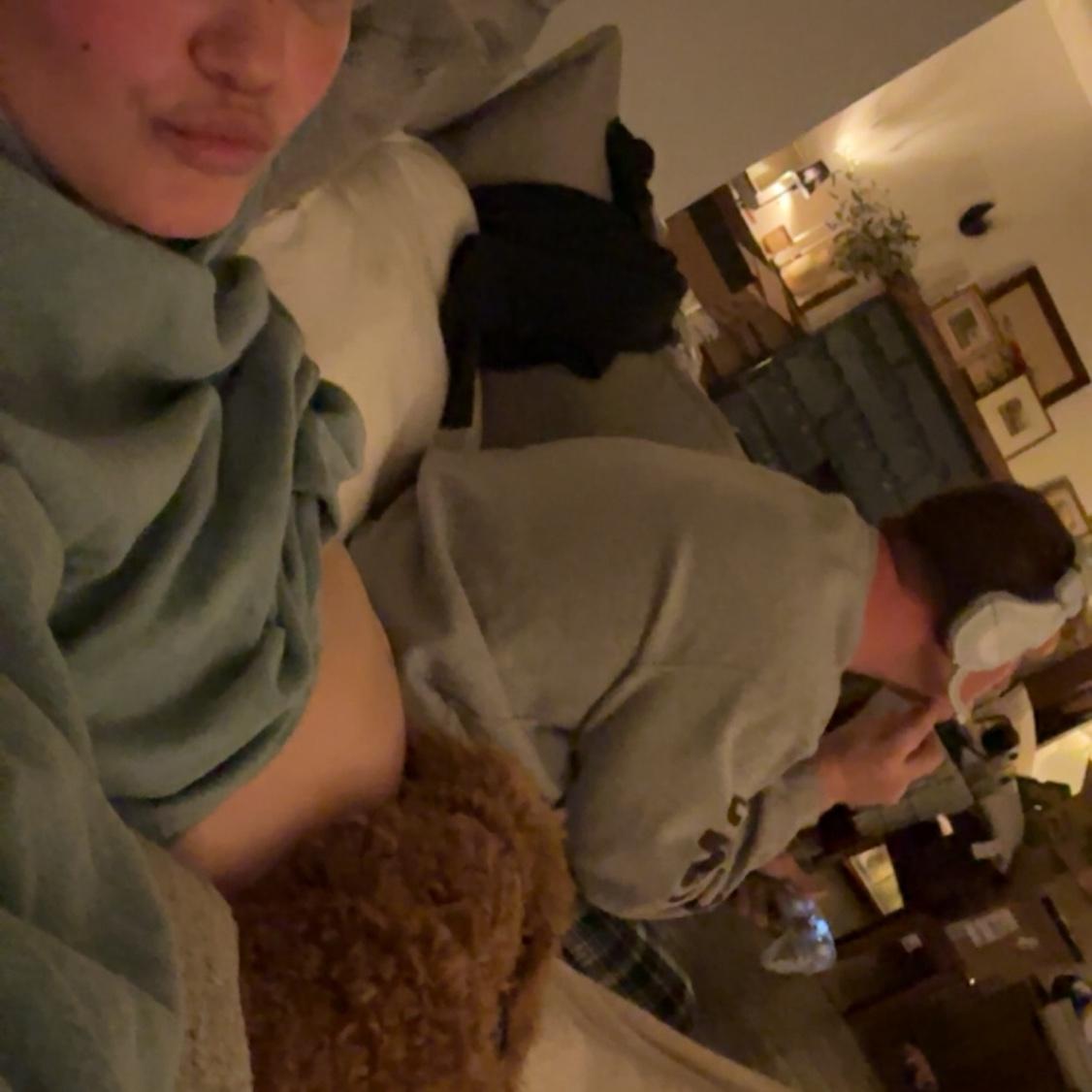 our nightly routine when I was pregnant, me snuggling with Remy & Zach playing video games