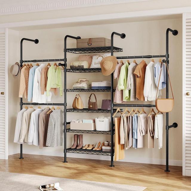 Closet Organizers and Storage, 3-Row Heavy Duty Garment Rack Clothes Rack for Hanging Clothes, Wall Mounted Closet System with 4 Telescopic Rods, 4 Hooks, 6 Shelves for Wardrobe, Bedroom, Small Space