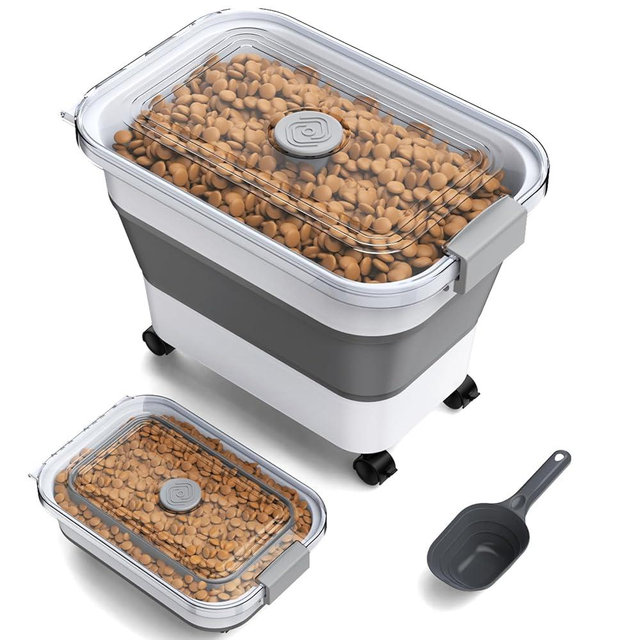 Viretec Dog Food Storage Container，20-23 Lbs Collapsible Dog Food Container with Transparent Airtight Lid，Wheels and Scoop,Travel Pet Food Storage Container for Cat,Dog,Bird,Keep Dry Food Fresh