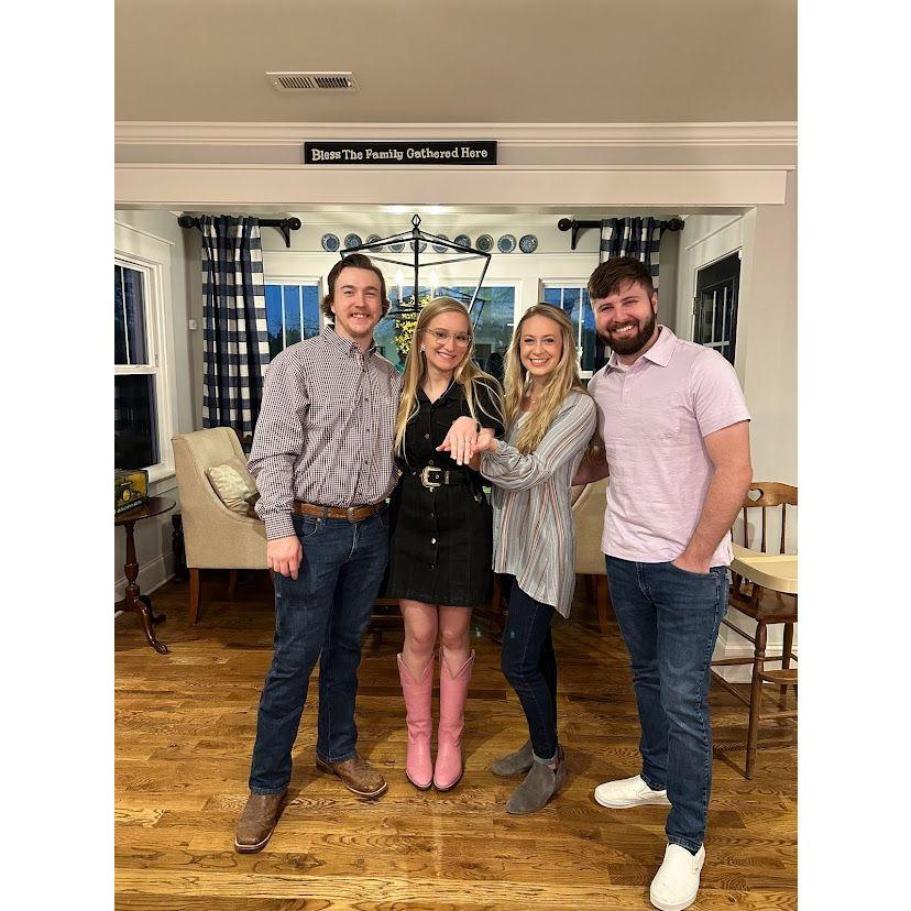 3/4/23- Landon arranged for both his and Hannah's families to surprise her after the proposal!
Hannah and Landon with his sister, Grace, and her husband, Kyle.
