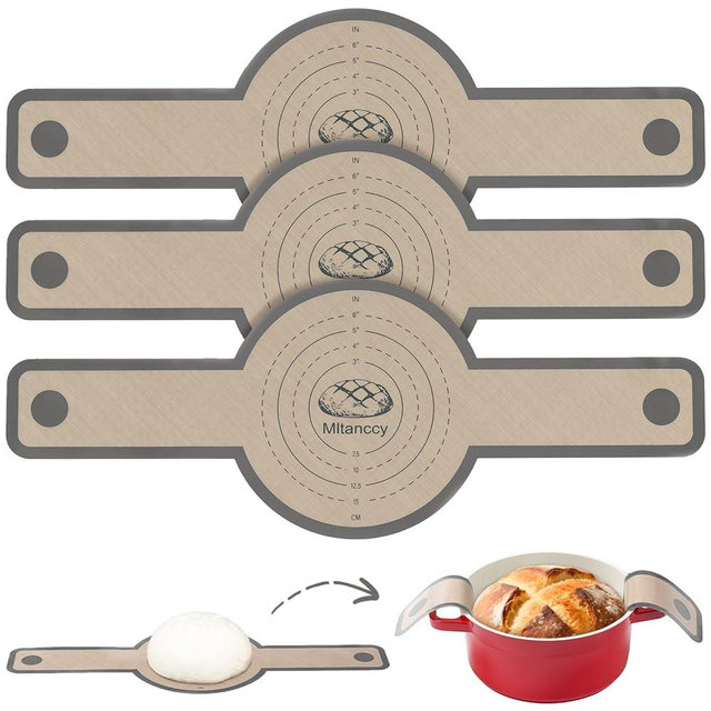 3 PCS Silicone Bread Sling for Dutch Oven Liners, Non Stick & Easy to Clean Silicone Bread Baking Mat with Extra Long Handles, Reusable Round Silicone Baking Mats to Transfer Sourdough Bread