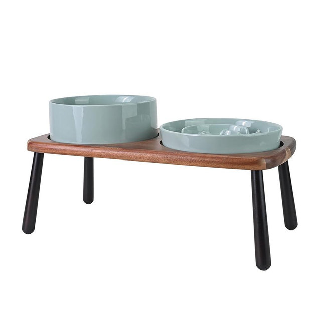 SPUNKYJUNKY Ceramic Elevated Dog Bowls with Slow Feeder Raised Acacia Bamboo Wooden Stand, 8.3'' Dog Food Water Bowls Set Non-Slip for Medium Large Sized Breed Microwave Dishwasher Safe - Light Green