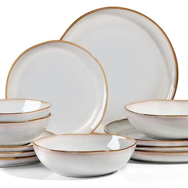Herogo Stoneware Dinnerware Sets, 12 Piece Dinner Dishes Set for 4, Ceramic Plates and Bowls Dishware, Tableware Includes Dinner Salad Plates, Soup Bowls, Microwave & Dishwasher Safe, Pearl White
