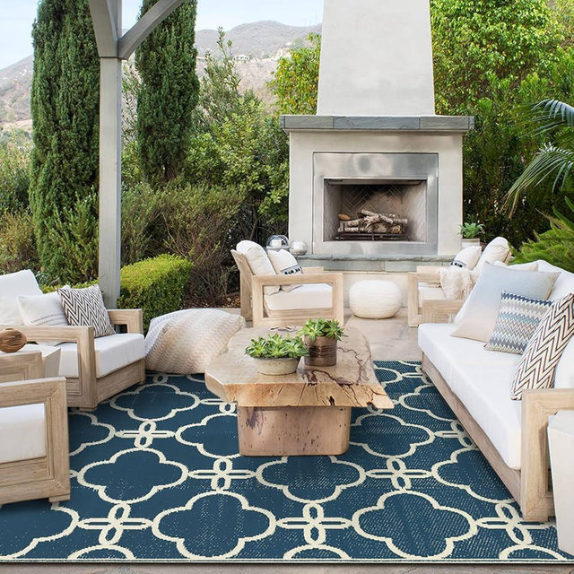 Ashler Blue Outdoor Patio Rug, Waterproof Rug for Outside, 5x8 Plastic Straw Rug, Clearance Reversible Camping Mats, Large Outdoor Area Rugs with Carrying Bag, for RV, Picnic, Backyard, Indoor