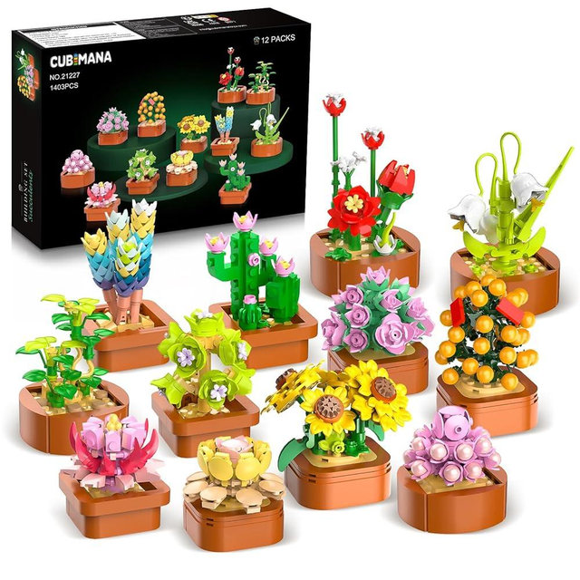 CUBIMANA 12 Pack Flowers Succulents Mini Building Set - 1403PCS Valentines Day Flower Botanical Collection for Home Office Décor 3.6MM Plant Blocks Toy, Birthday Gifts for Adults Women Kids Girls10+