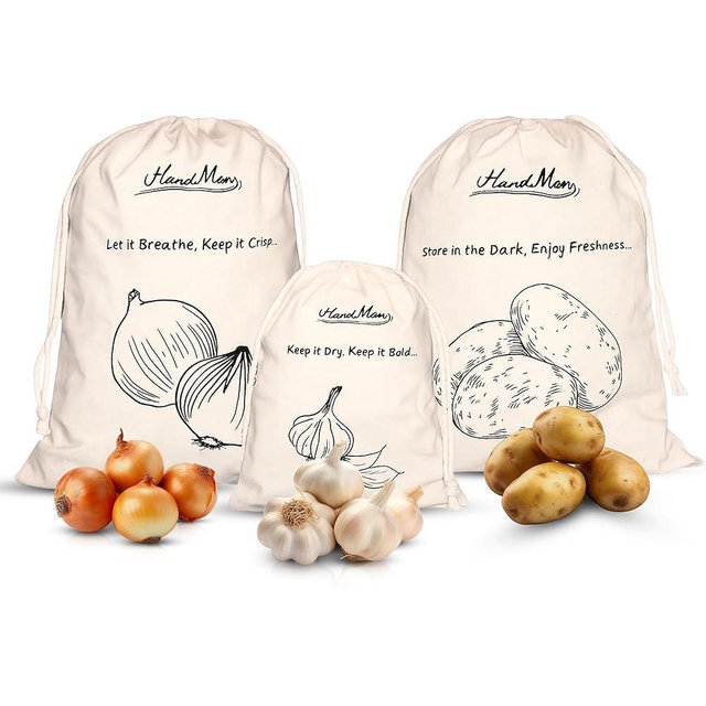 HanaMoon 3-Pack Cotton Storage Bags for Potato, Onion & Garlic – Reusable Drawstring Produce Bags – Breathable, Eco-Friendly, Washable – 2 Large (40×30 cm) + 1 Small (25×20 cm)