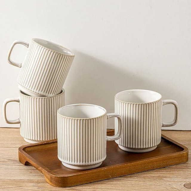 Seyatoo Coffee Mugs Set of 4, Ceramic Ribbed Coffee Mug, Tea Coffee Cups Set with Handle, Porcelain Mug for Americano, Latte, Cappuccino, Hot Chocolate, Glazed White