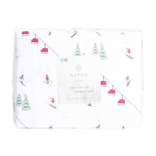 ASPEN Home Winter Christmas Sheet Set (Alpine Skiers, Full)