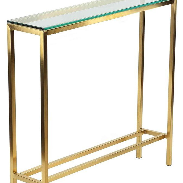 Cortesi Home Julie Console Table, Brushed Gold Color with Clear 10mm Glass, Skinny 28" x 8"