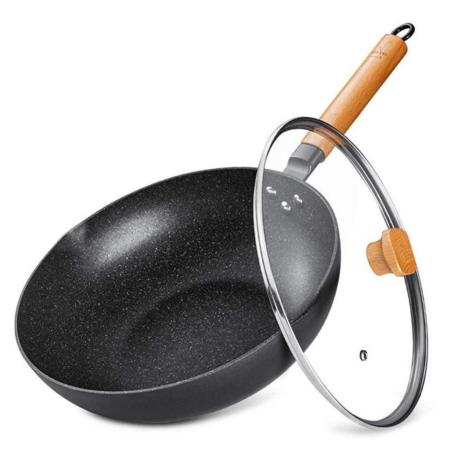 SKY LIGHT Wok Pan with Lid, 12-inch Nonstick Stir Fry Pan, 100% APEO & PFOA-Free Granite Stone Coating, Cookware Pot with Detachable Wooden Handle, Induction Compatible