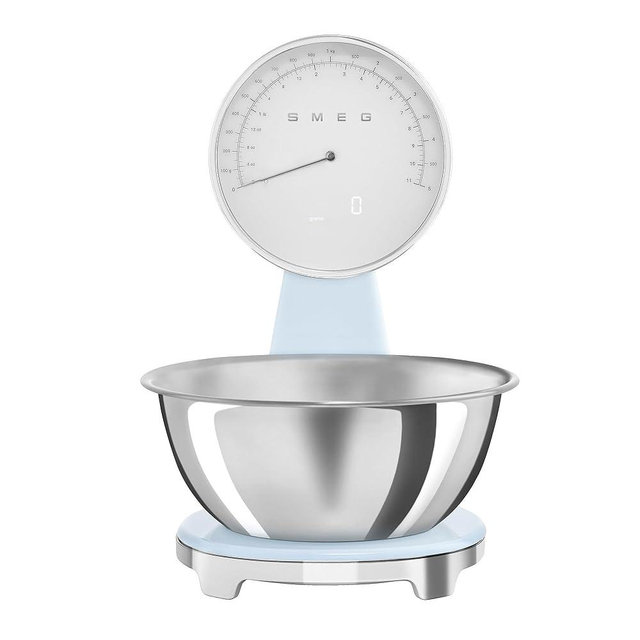 SMEG Retro-Style Analog & Digital Kitchen Scale, 11 lb Capacity, Rechargeable Battery, Backlit LCD Display, Stainless Steel Bowl (Pastel Blue)