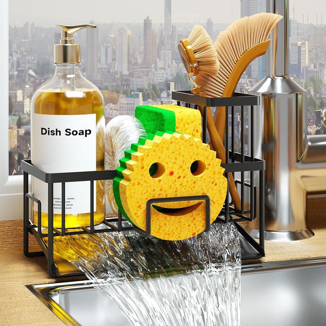 Youfala Sink Caddy Organzier, Sponge Holder for Kitchen Sink with Brush Holder and Self Drain Tray, Dish Soap Dispenser Caddy for Home Kitchen Organizers and Storage Decor Essentials Accessories