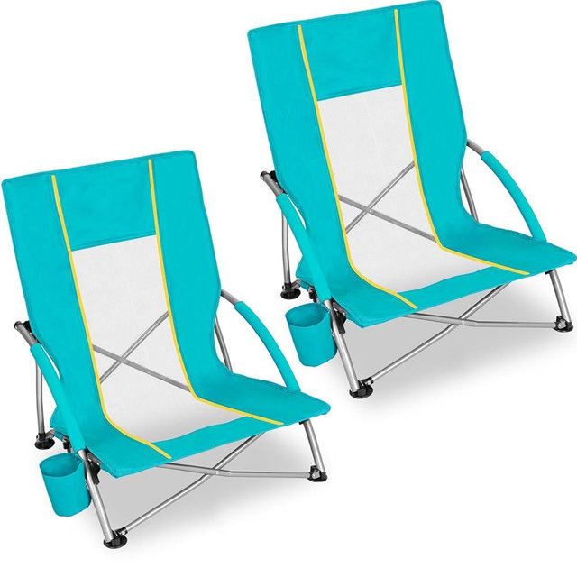 Romswi Low Beach Chairs for Adults 2 Pack, Lightweight Folding Sand Chairs with Breathable Mesh Back & Cup Holder, Portable Compact Camping Chairs, 400lbs Capacity,Green