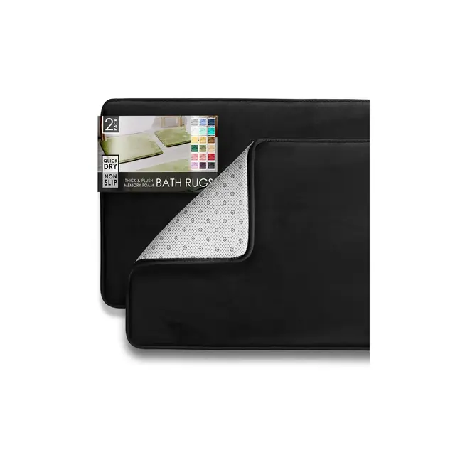 Hearth & Harbor 2 Piece Bathroom Rugs Bath Mat Set, Non-Slip Velvet Memory Foam Bath Mats, Black