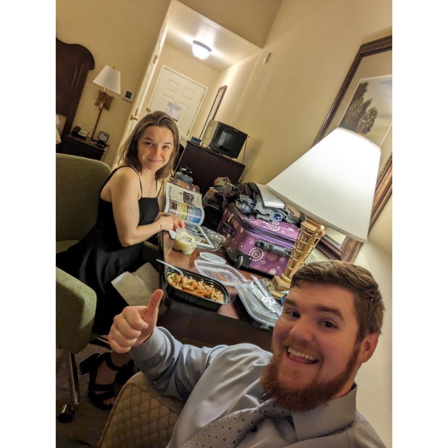 It was too cold to go out so we grabbed some lo mein and sushi and had our date night in the hotel room.