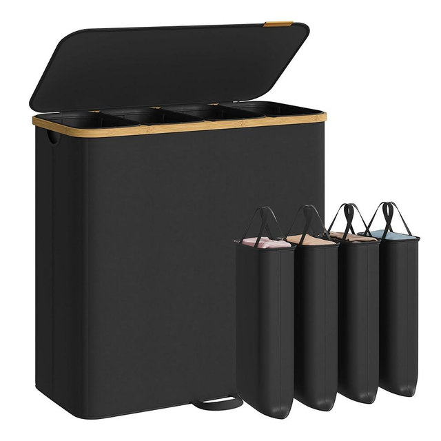 SONGMICS Laundry Hamper, Laundry Sorter with Lid, Storage Basket Bin, Removable Liners, Bamboo Frame, for Bedroom, 4 Sections, 59.4 Gallon (225 L), Ink Black ULCB534BH01
