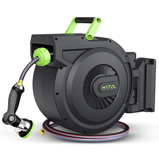 MYTOL Retractable Garden Hose Reel, 1/2 Inch x 100 ft + 6 ft Wall Mount Hose Reel with Automatic Slow Rewind System, Any Length Lock, 10 Patterns Hose Nozzle, 180°Swivel Bracket, for Garden Watering