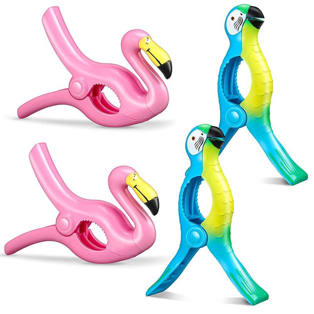 4 Pieces Flamingo Beach Towel Clip Parrot Towel Holder Clothes Pegs Beach Towel Clip Towel Pin in Bright Color Jumbo Size for Clothes Quilt Blanket Home Patio Pool Chair (Blue Parrot Towel Clip)