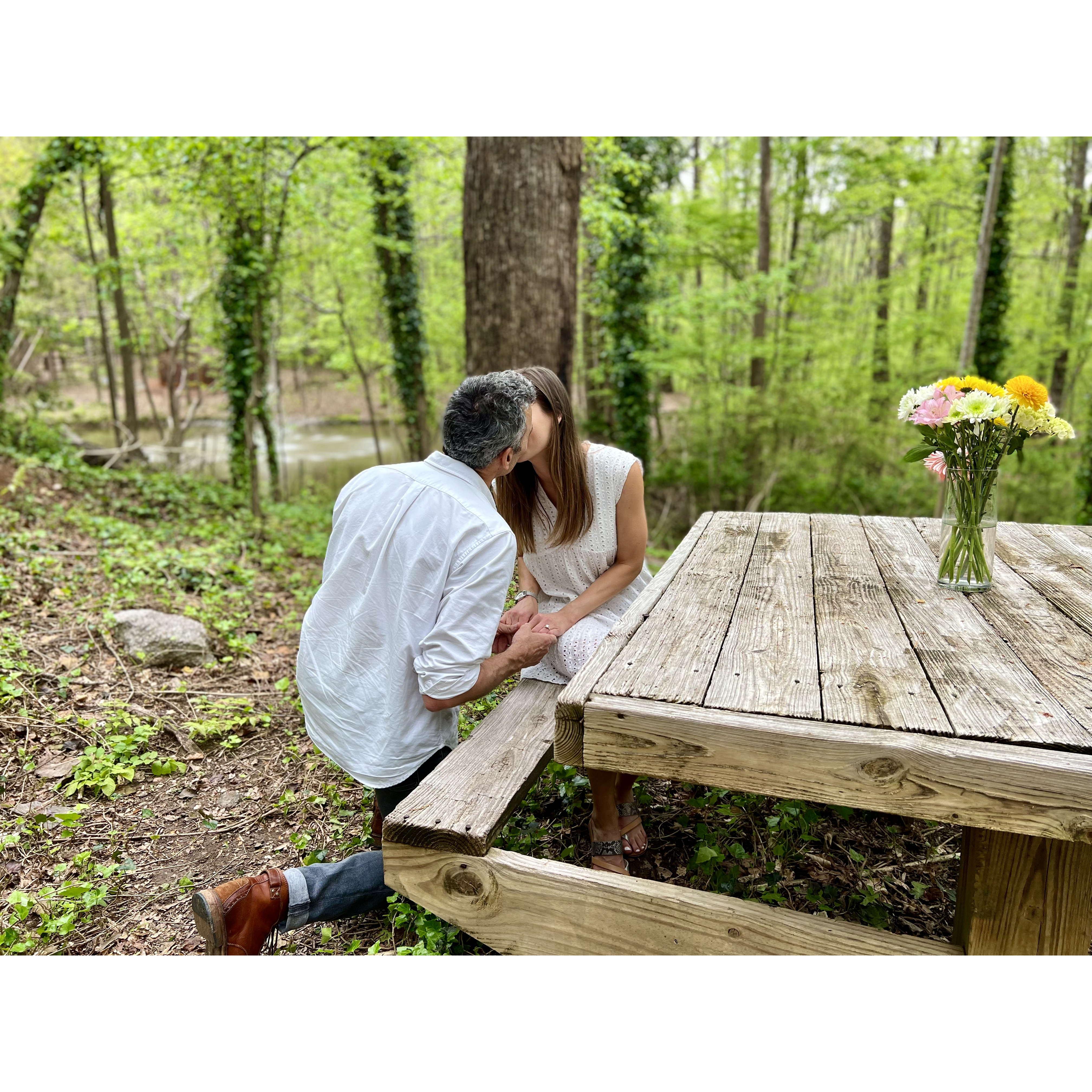Will chose to propose in his backyard, at this intimate and serene spot next to the water fountain, on Easter day. 
