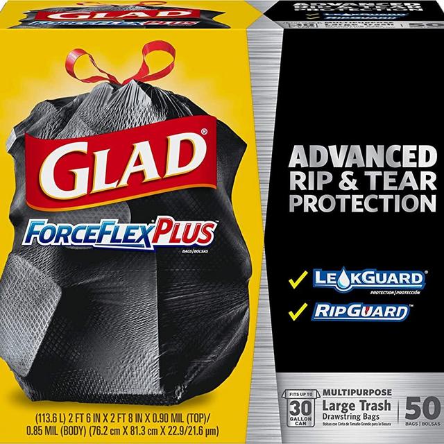GLAD ForceFlex Large Drawstring Trash Bags, 30 Gallon Black Trash Bags for Large Kitchen Trash Can, Mountain Air Scent to Eliminate Odors, 50 Count (Package May Vary)