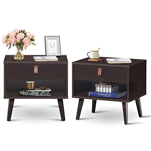 Giantex Wooden Nightstand with Drawer and Shelf Sofa Side Table for Bedroom and Living Room, Mid-Century Style Bedside End Table (2)
