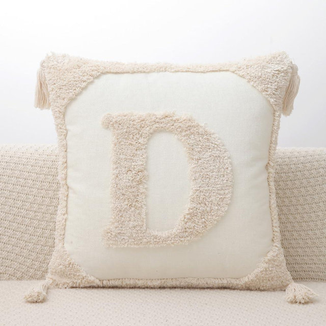 LIGUOGUO Monogram Pillow Covers with Tassels 18”x18” Modern Cotton Canvas Tufted Alphabet D Throw Pillow Covers for Sofa Couch Bed 26 English Letters Decorative Pillow Case for Sofa Throw Pillows