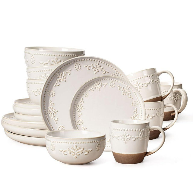 Artena Plates And Bowls Sets, Dinnerware Sets, Dish Set, Ceramic Kitchen Bowl And Plate Set, Embossed White Dishware Sets, Dishwasher & Microwave Safe (16 Pieces - Damask Floral (With Mugs))