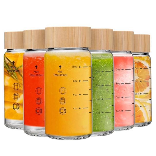 Olivego 12oz Juice Bottles - 6 Pack Wide Mouth Glass Bottles with Lids- BPA Free, Bamboo Lids for Juicing, Smoothies, Infused Water, Beverage Storage - Leakproof, Borosilicate, Clear