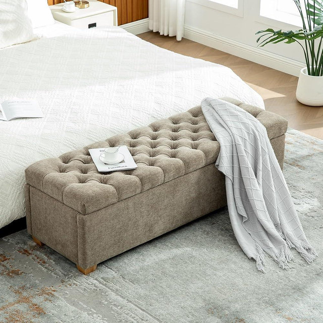 IZIVE 60.2'' Wide Storage Ottoman Bench, Tufted PU Upholstered End of Bed Storage Bench with Flip-Top Lid & Legs for Bedroom, Living Room & Entryway (Taupe + Chenille)