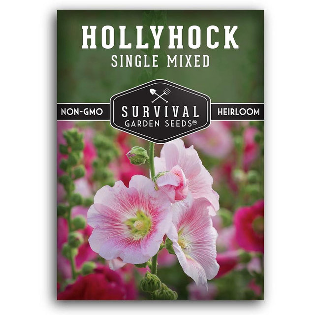 Survival Garden Seeds - Single Mixed Hollyhock Seed for Planting - Packet with Instructions to Plant and Grow Colorful Spikes of Flowers in Your Home Vegetable Garden - Non-GMO Heirloom Variety