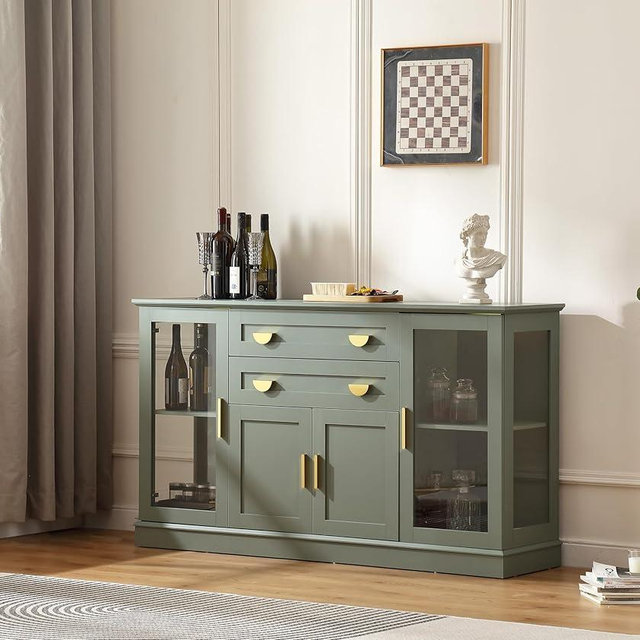 FOREST GRAVITY 58.27'' Buffet Cabinet with 2 Drawers and Adjustable Shelves,Large Glass Door Coffee Bar Cabinet,Modern Farmhouse Sideboard Credenza for Kitchen,Green