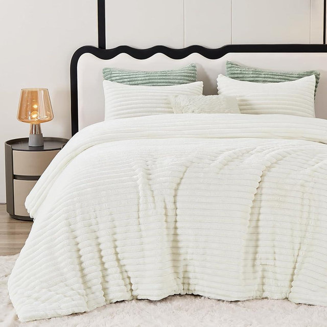 CozyLux Fluffy King Size Comforter Set - Super Soft Faux Fur Cream White Comforter King Size, Winter Warm Fleece Bedding Set, 3 Pieces Plush Fuzzy Bed Set (1 Shaggy Comforter, 2 Pillowcases)