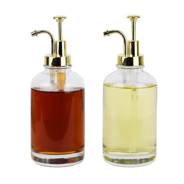Hzxcuim 16.9 oz Syrup Dispenser with Pump, Syrup Bottle with Gold Pumps 2-Pack，Pump Glass Syrup Bottle, Coffee Syrup Dispenser for Coffee Bars (Gold-2pack)
