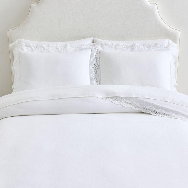 LoveShackFancy Belgian Flax Linen Duvet Cover with Lace Trim, White, King/Cal. King