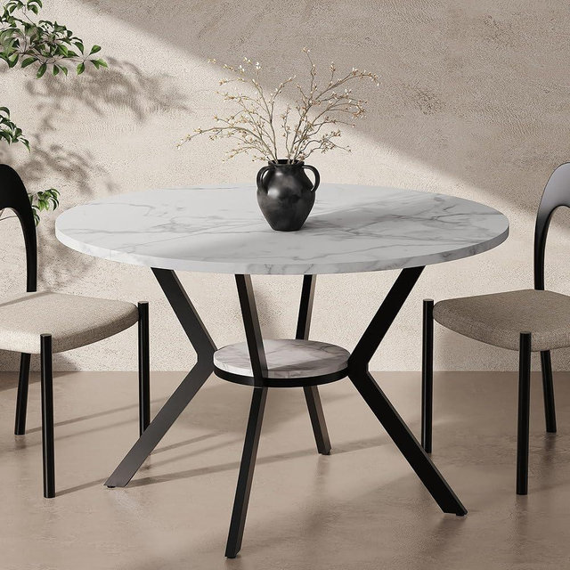 42" Round Dining Table for 2-4, Modern Kitchen Table with Faux Marble Tabletop & Metal Legs, Space Saving Circle Table with Storage, Wood Kitchen & Dining Room Tables for Kitchen Dining Room