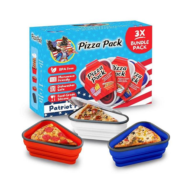 PIZZA PACK The Perfect Reusable Pizza Storage Container with 5 Microwavable Serving Trays - BPA-Free Adjustable Pizza Slice Container to Organize & Save Space, 3 Pack, Red, White, Blue