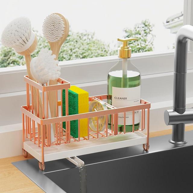 Cisily Rose Gold Sponge Holder for Kitchen Sink, Sink Caddy Organizer with High Brush Holder, Kitchen Countertop Organizers and Storage Essentials, Rustproof 304 Stainless Steel, Soap Dispenser