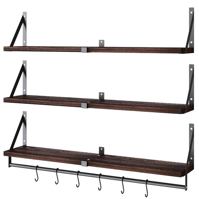 Floating Bookshelf ，33inch , Wall Mounted Shelves with Towel Bar and 6 Hooks for Living Room, Kitchen Organization,Bathroom, Bedroom Décor,Hanging Decorative Wall Shelves,Set of 3 Dark brown