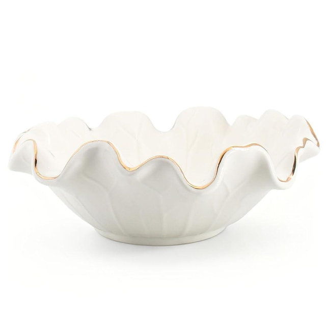 Aimtobest Handcrafted 8" White Ceramic Ruffle Bowl with Gold Trim – Modern Lotus Design, Small Decorative Fruit Bowl for Kitchen Counter & Key Holder for Entryway Table, Catch-All for Home Decor
