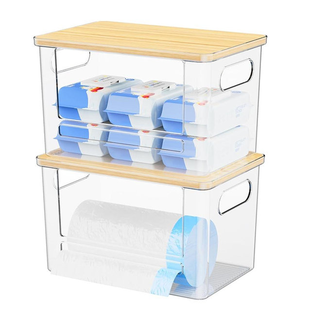 Riian 2 Set Trash Bag Holder for Kitchen Laundry Room Organization, Extra Large Stackable Acrylic Pantry Organizer with Bamboo Lid, Garbage Bag Holder Under Sink