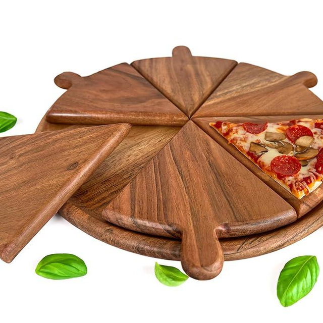 Round Charcuterie Board - Pizza Serving Board - Mini Cutting Board - Includes 6 Small Charcuterie Boards - 6 Hand Carved Boards with Handle and a Round Wooden Tray.