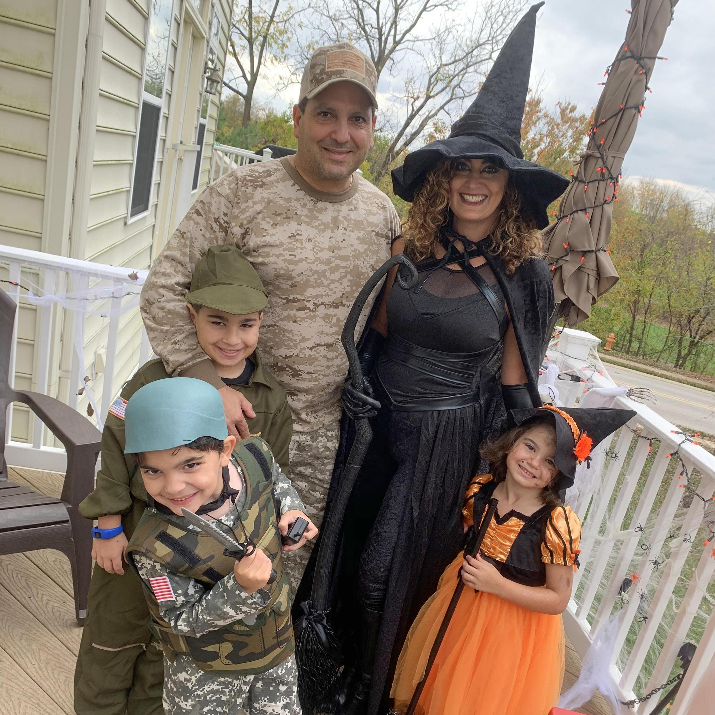 Witches and Army guys, Halloween 2020, at Pete's house in Woodstock, Maryland. Instead of heavy-duty trick-or-treating, we improvised with a more Covid-safe family Halloween gathering for the kids.