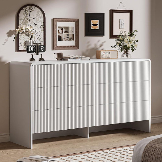 MAISONARIA White Curved 6 Drawer Dresser, Modern Long Dresser for Bedroom, Living Room, or Entryway, Push to Open Storage Chest, Minimalist Scandinavian Style, 55" Wide