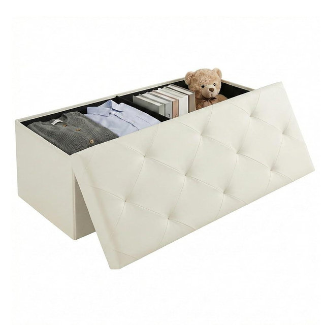 Foldable Storage Ottoman Bench, Synthetic Leather Storage Chest, End of Bed Foot Rest Stool with Padded Seat, 43 Inch Bedroom Bench for Living Room, Support 660lbs, Cream