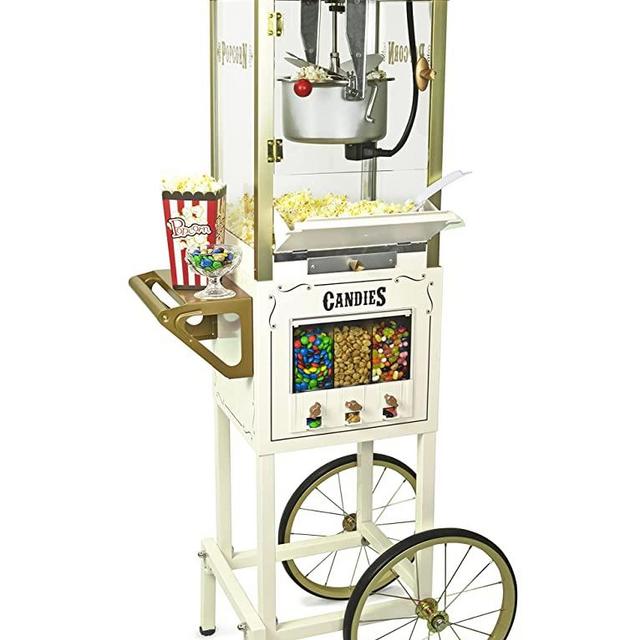 Nostalgia Popcorn Maker Professional Cart, 8 Oz Kettle Makes Up to 32 Cups, Vintage Movie Theater Popcorn Machine with Three Candy Dispensers and Interior Light, Measuring Spoons and Scoop, Ivory